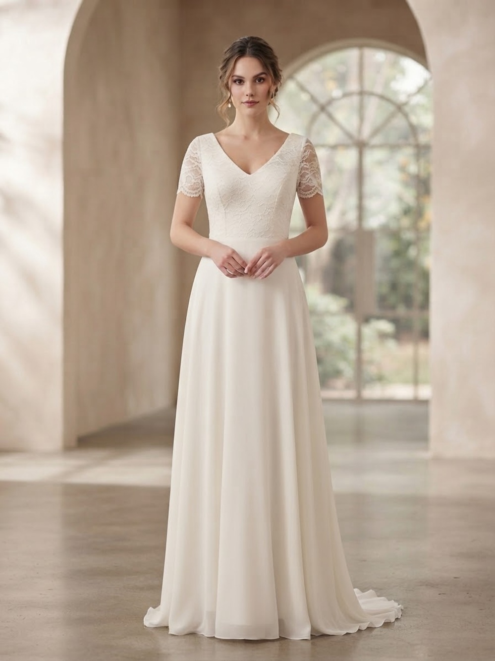 Alfred Angelo V-Neck Lace Bodice A-Line Dress Cream Wedding Dress